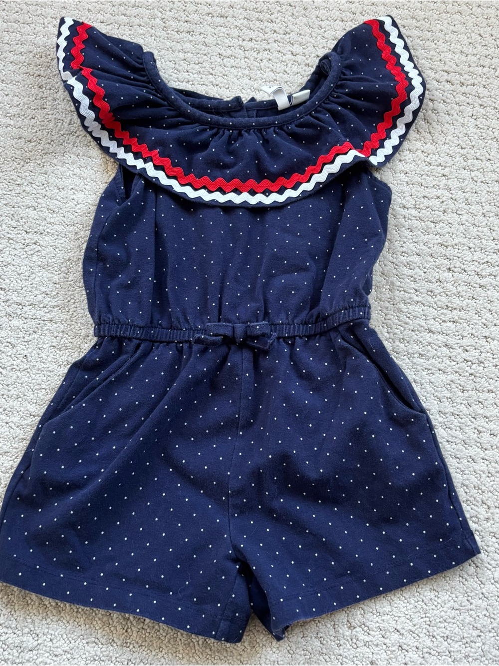 Janie and Jack Navy Polka Dot Girls Romper with Red & White Trim